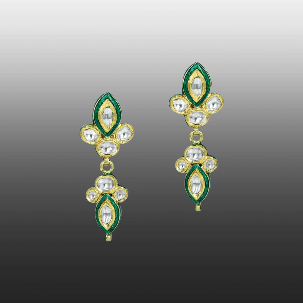 Polki Earrings with Intricate Green Enamel